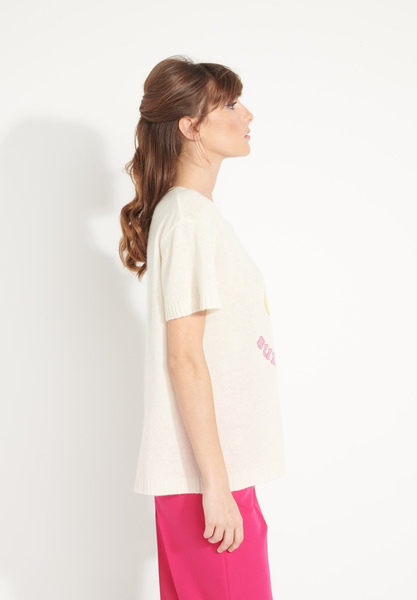 T-shirt col rond cachemire blanc écru/imprimé fleurs multicouleur femme - AVA 9-1