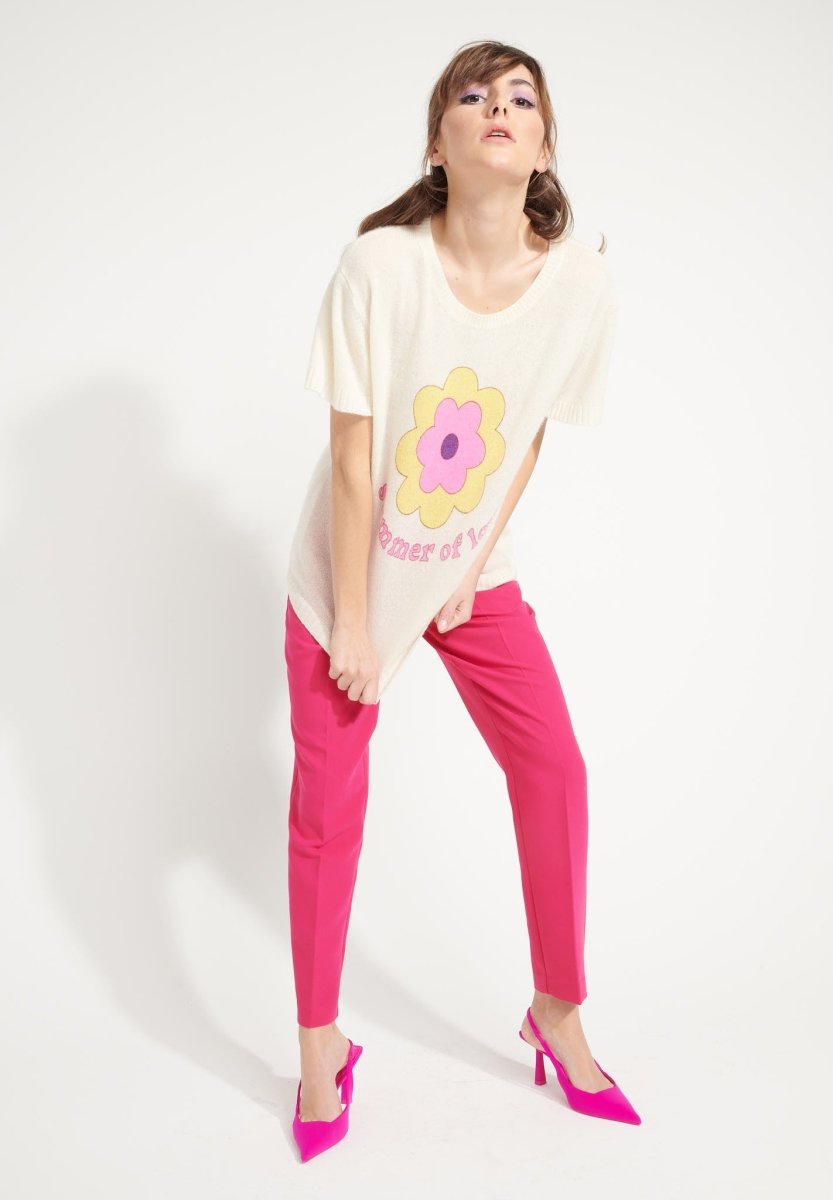 T-shirt col rond cachemire blanc écru/imprimé fleurs multicouleur femme - AVA 9-4